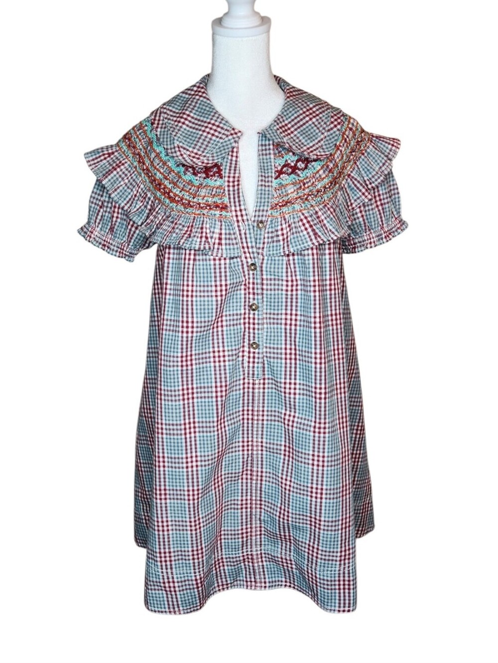 Pilcro Short Sleeve V Neck Babydoll Smocked Mini Dress Plaid XSP